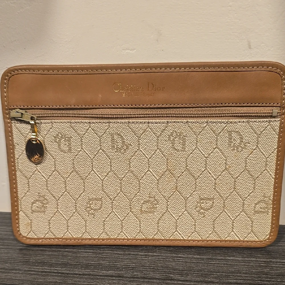 Dior Vintage Tan and Cream Monogram Pouch